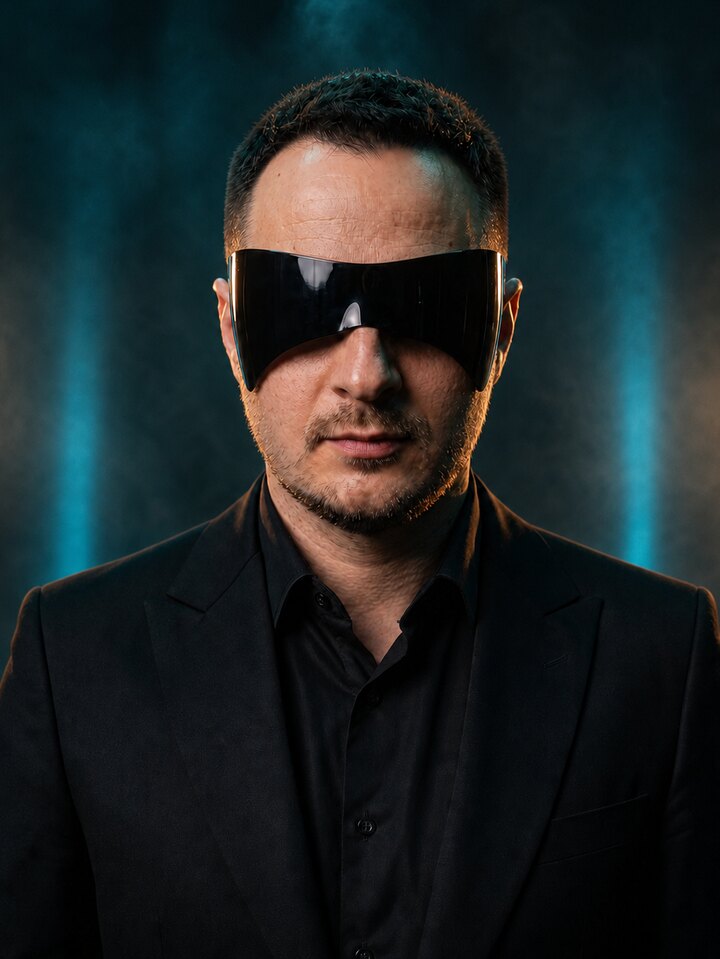DAMBOOMS in a black tailored suit and glossy wraparound visor, lit by cyan and amber light